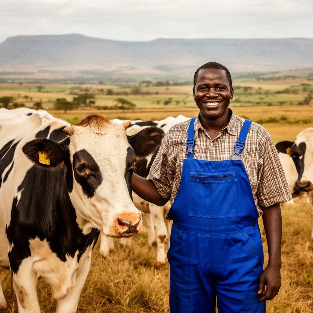 Kenyan dairy farmer with Friesian cows in the Rift Valley
