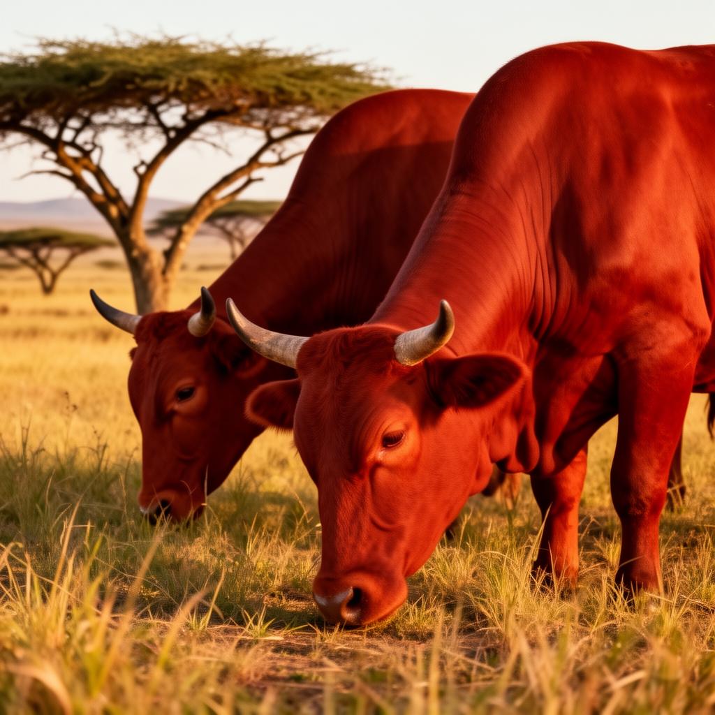 Red Boran cattle grazing on Kenyan savanna